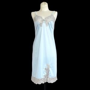 Vintage 1960s Pale‎ Blue Slip Dress XS Lace Chiffon Lingerie Romantic Nightgown